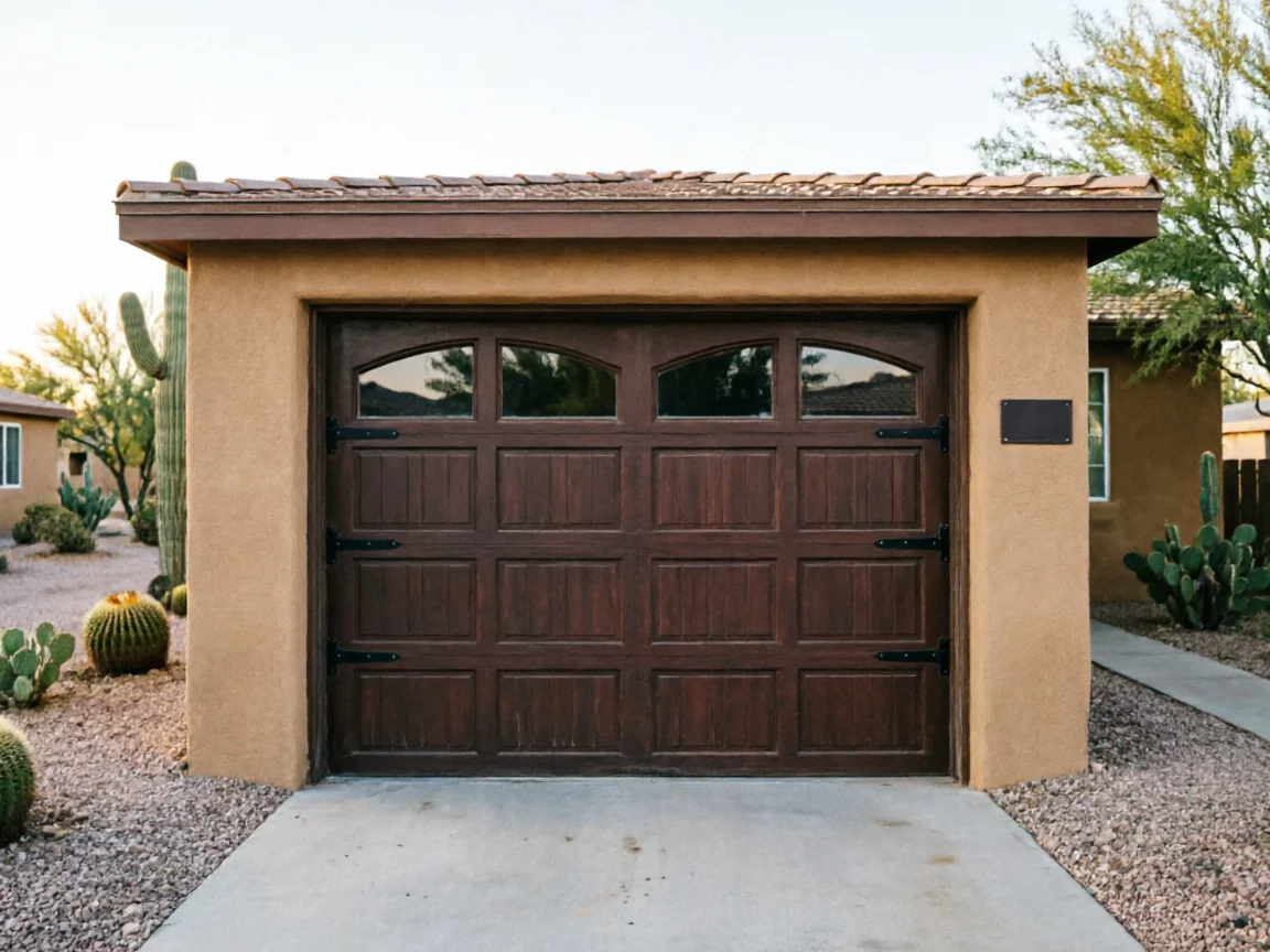A brown garage door with windows is set in a stucco garage.