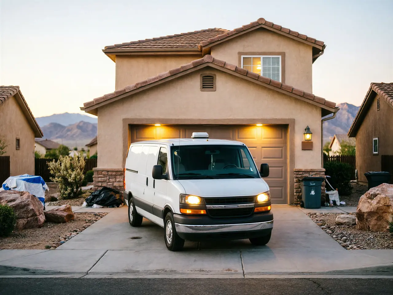 A white service van is parked in a driveway in front of a house.