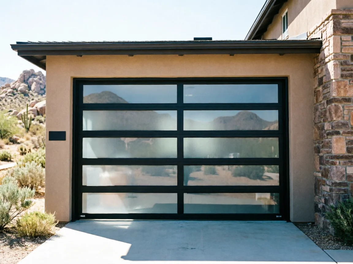 A modern black garage door with frosted glass panels is on a tan house.