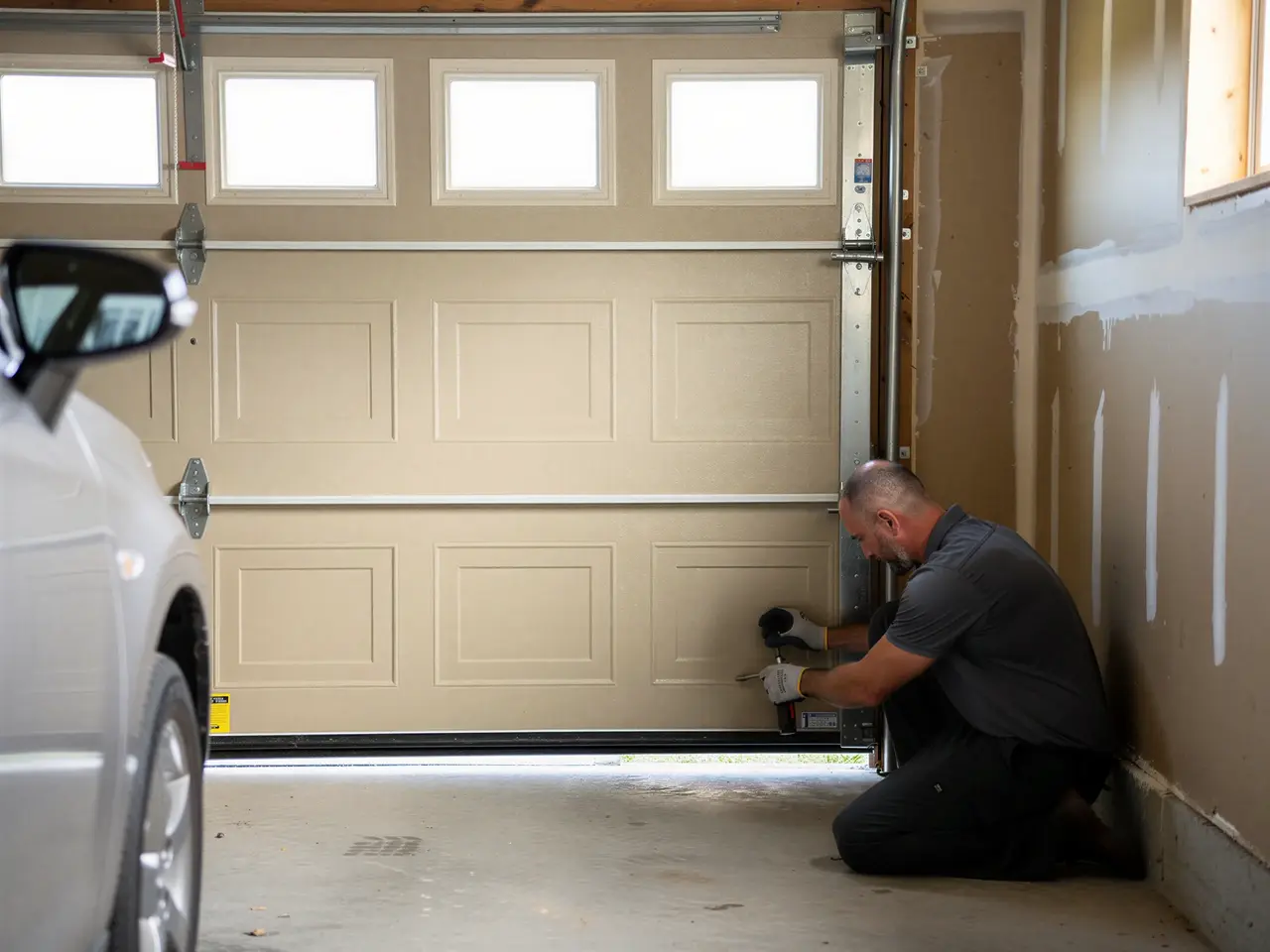A technician kneels to work on the bottom panel of a beige garage door.