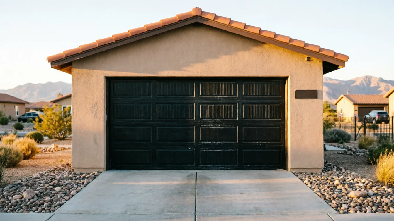 A tan house with a dark garage door and a tiled roof.
